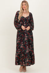 Black Floral Long Balloon Sleeve Sweetheart Neck Maxi Dress