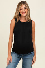 Black Textured Rib Ruffle Detail Maternity Tank Top