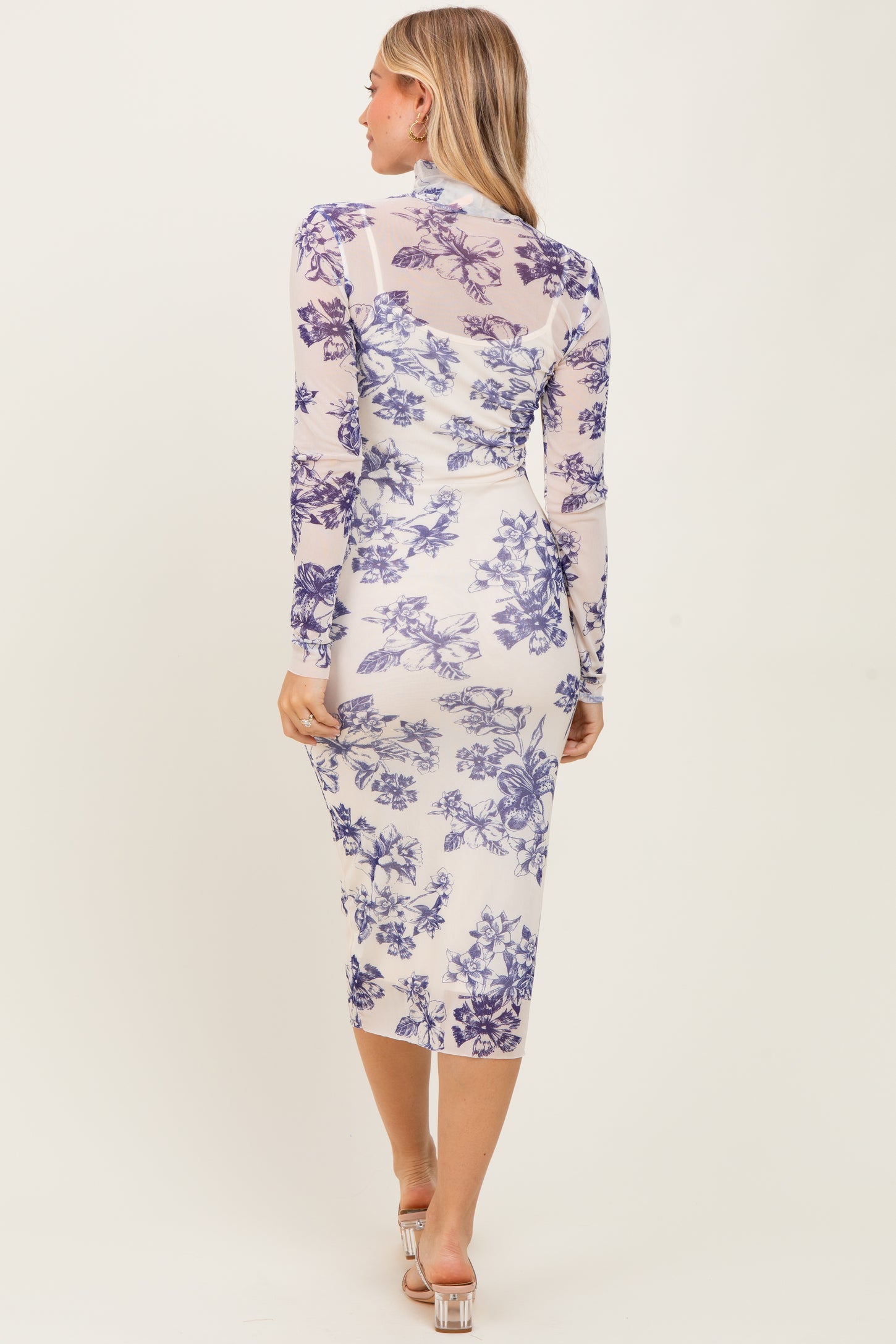 Ivory Floral Mesh Mock Neck Long Sleeve Midi Dress