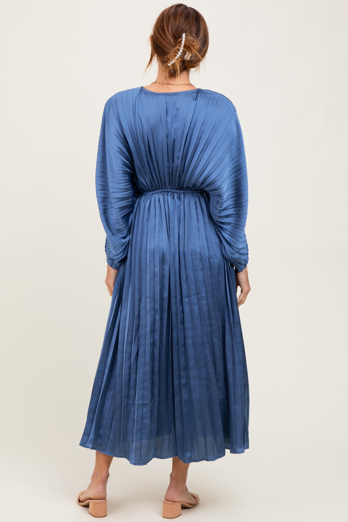 Blue Satin Pleated V-Neck Maxi Dress
