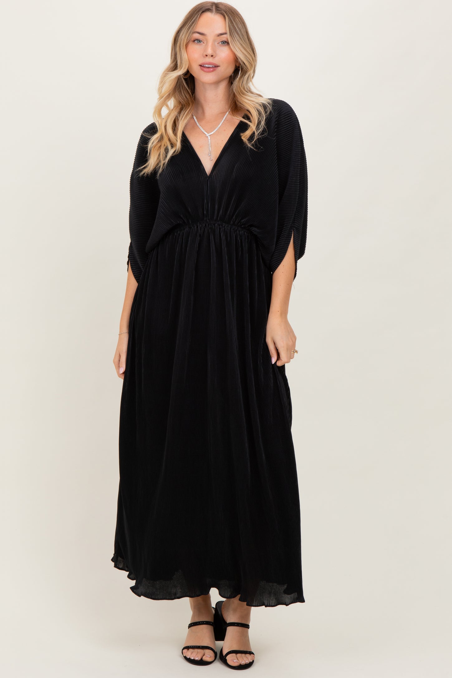Black Pleated Satin Dolman Sleeve Maternity Maxi Dress