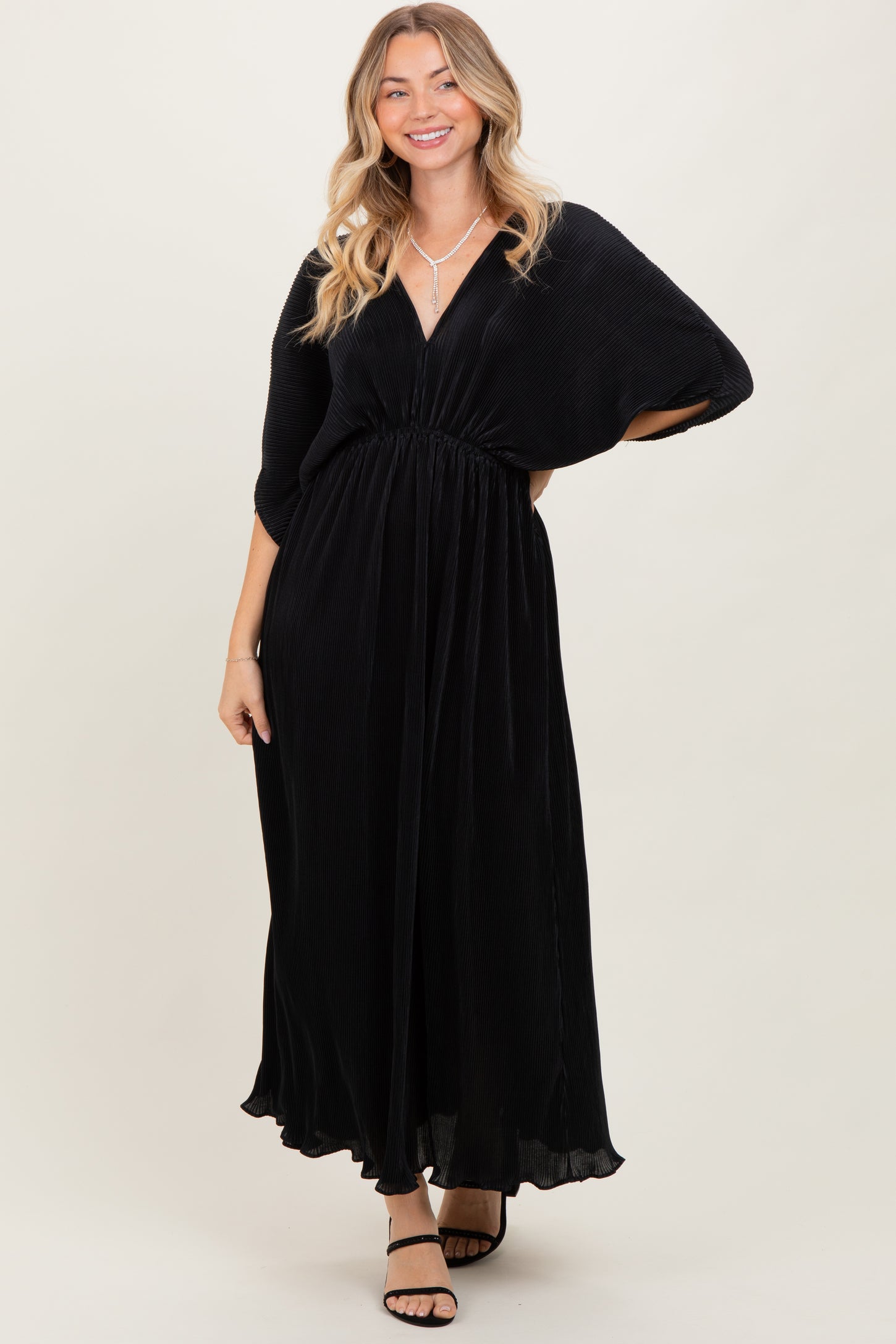 Black Pleated Satin Dolman Sleeve Maxi Dress