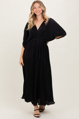 Black Pleated Satin Dolman Sleeve Maxi Dress