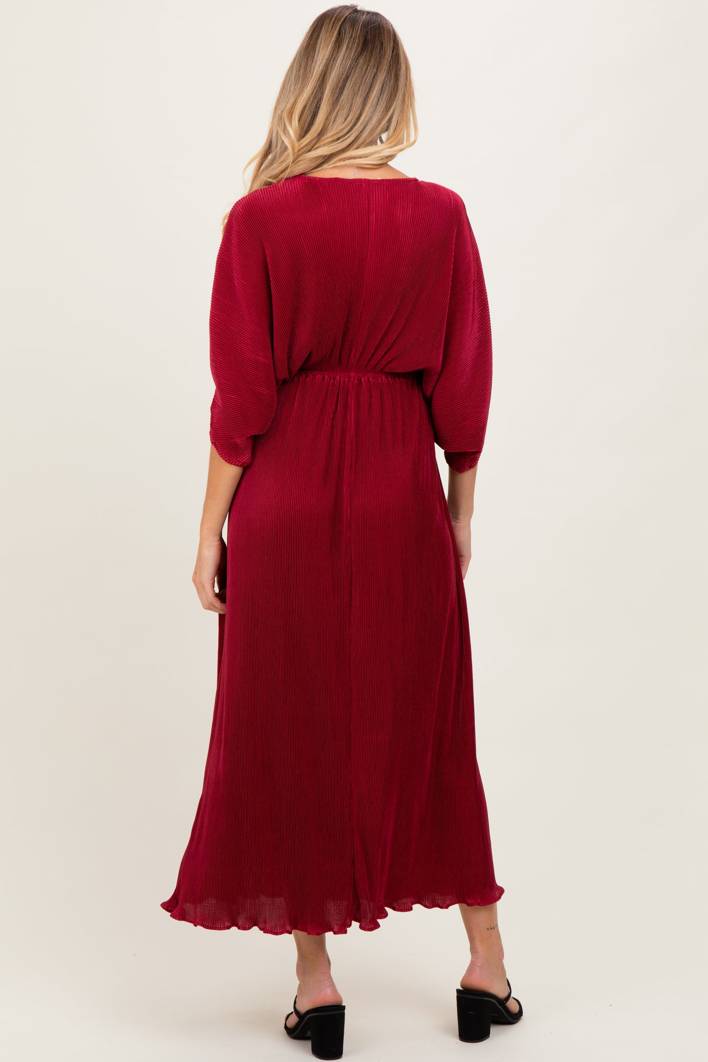 Burgundy Pleated Satin Dolman Sleeve Maternity Maxi Dress