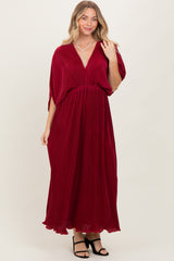 Burgundy Pleated Satin Dolman Sleeve Maternity Maxi Dress