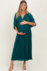 Forest Green Pleated Satin Dolman Sleeve Maternity Maxi Dress