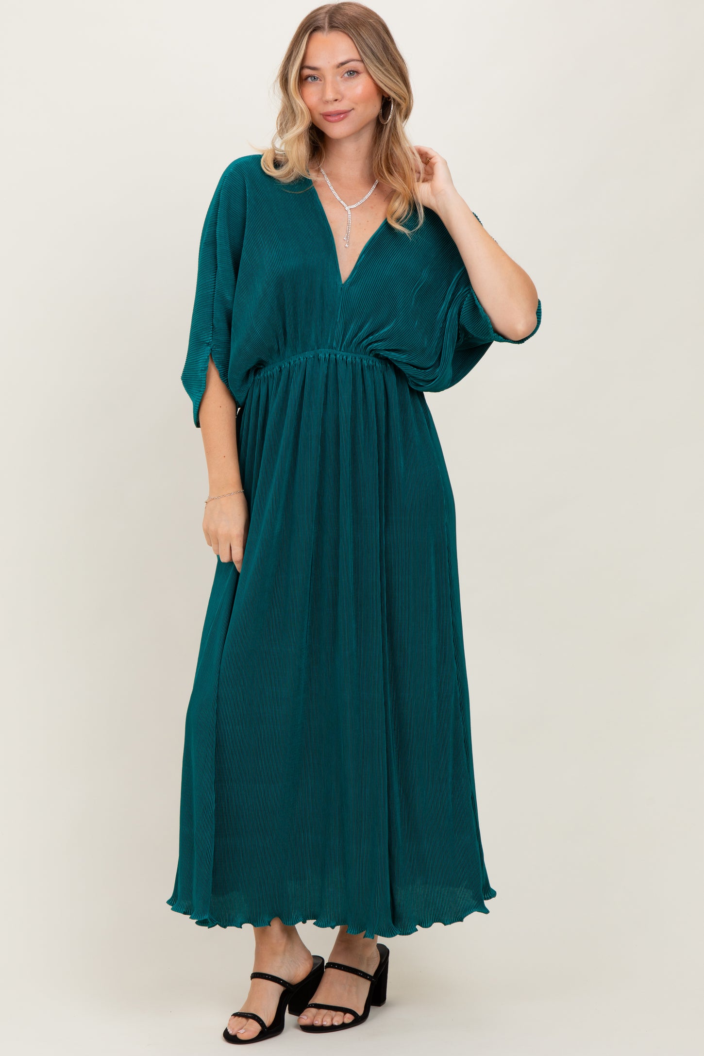 Forest Green Pleated Satin Dolman Sleeve Maternity Maxi Dress