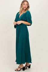Forest Green Pleated Satin Dolman Sleeve Maxi Dress