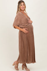 Mocha Pleated Satin Dolman Sleeve Maternity Maxi Dress