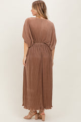 Mocha Pleated Satin Dolman Sleeve Maxi Dress