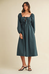 Forest Green Bow Detail Smocked Midi Dress