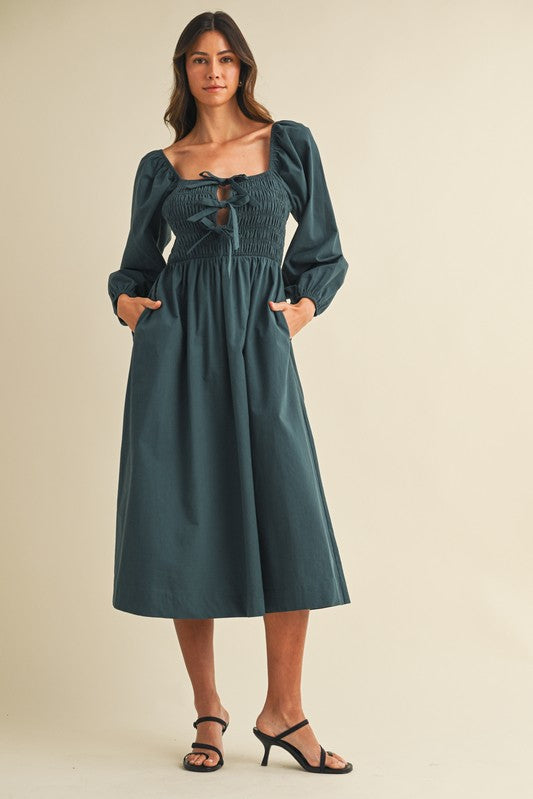 Forest Green Bow Detail Smocked Midi Dress