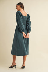 Forest Green Bow Detail Smocked Midi Dress