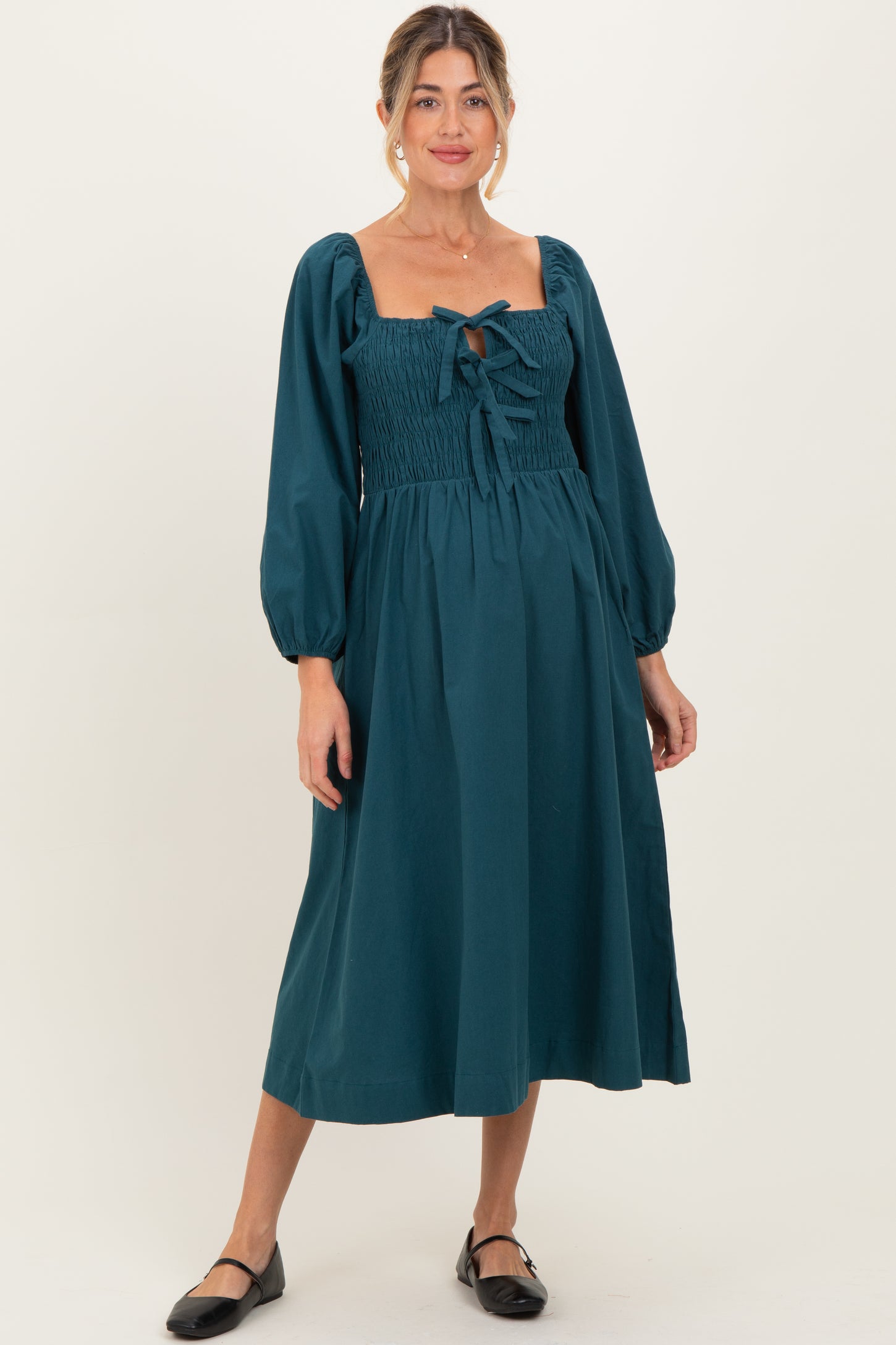 Forest Green Bow Detail Smocked Maternity Midi Dress
