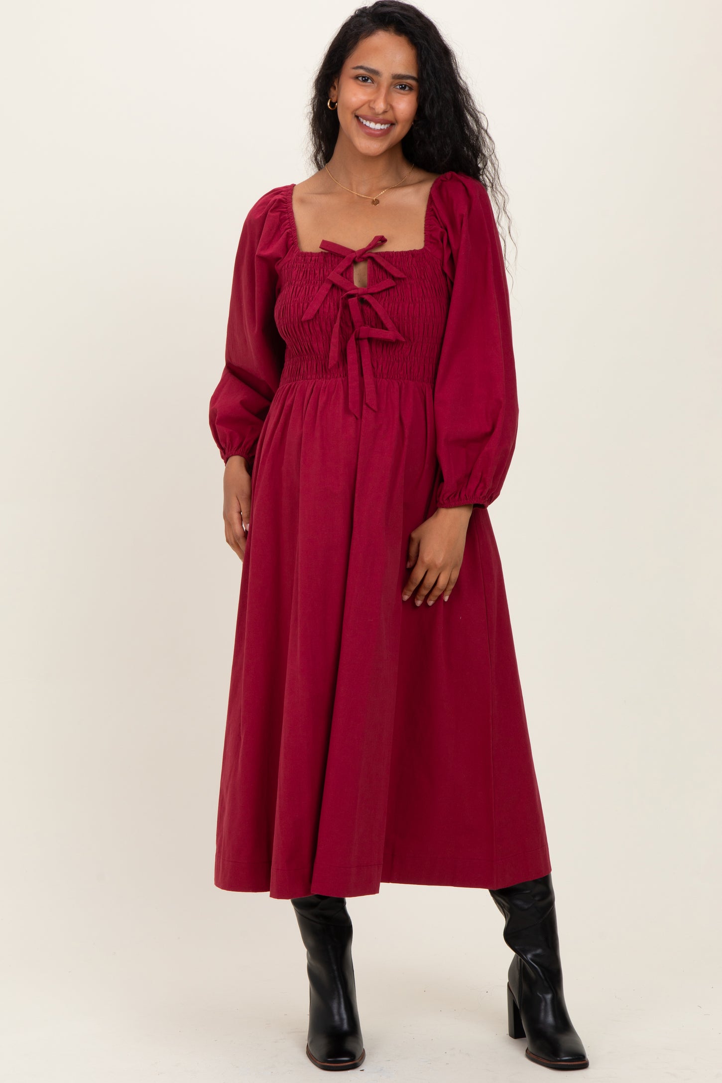 Burgundy Bow Detail Smocked Maternity Midi Dress