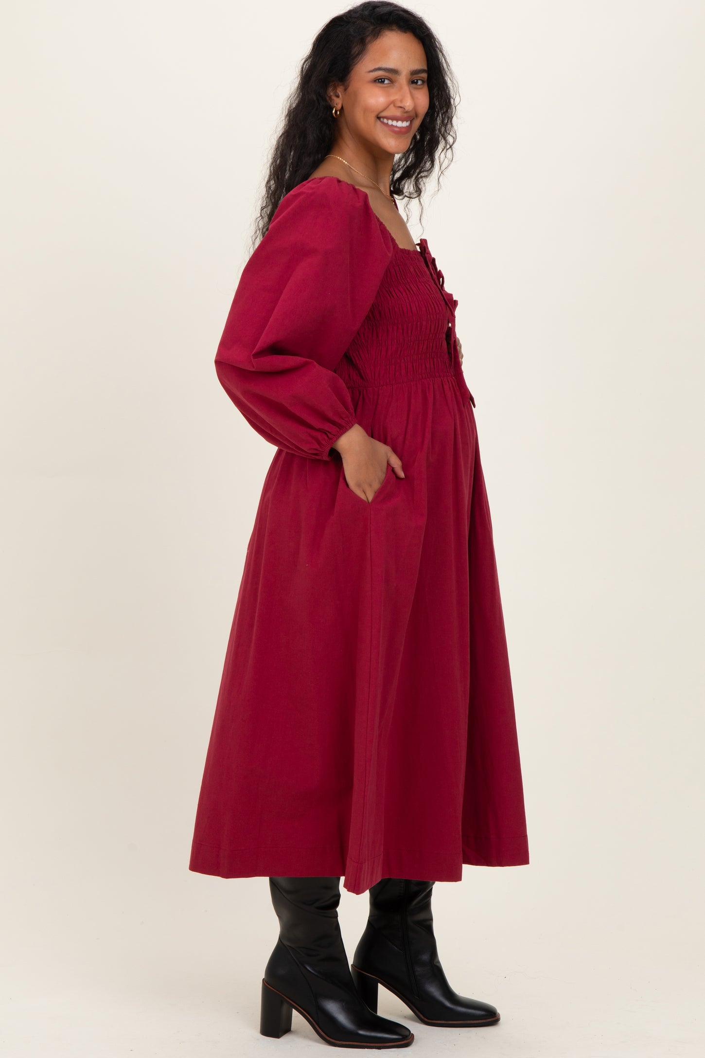 Burgundy Bow Detail Smocked Maternity Midi Dress