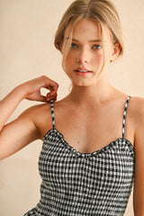 Black Gingham Smocked Ruffle Accent Maxi Dress
