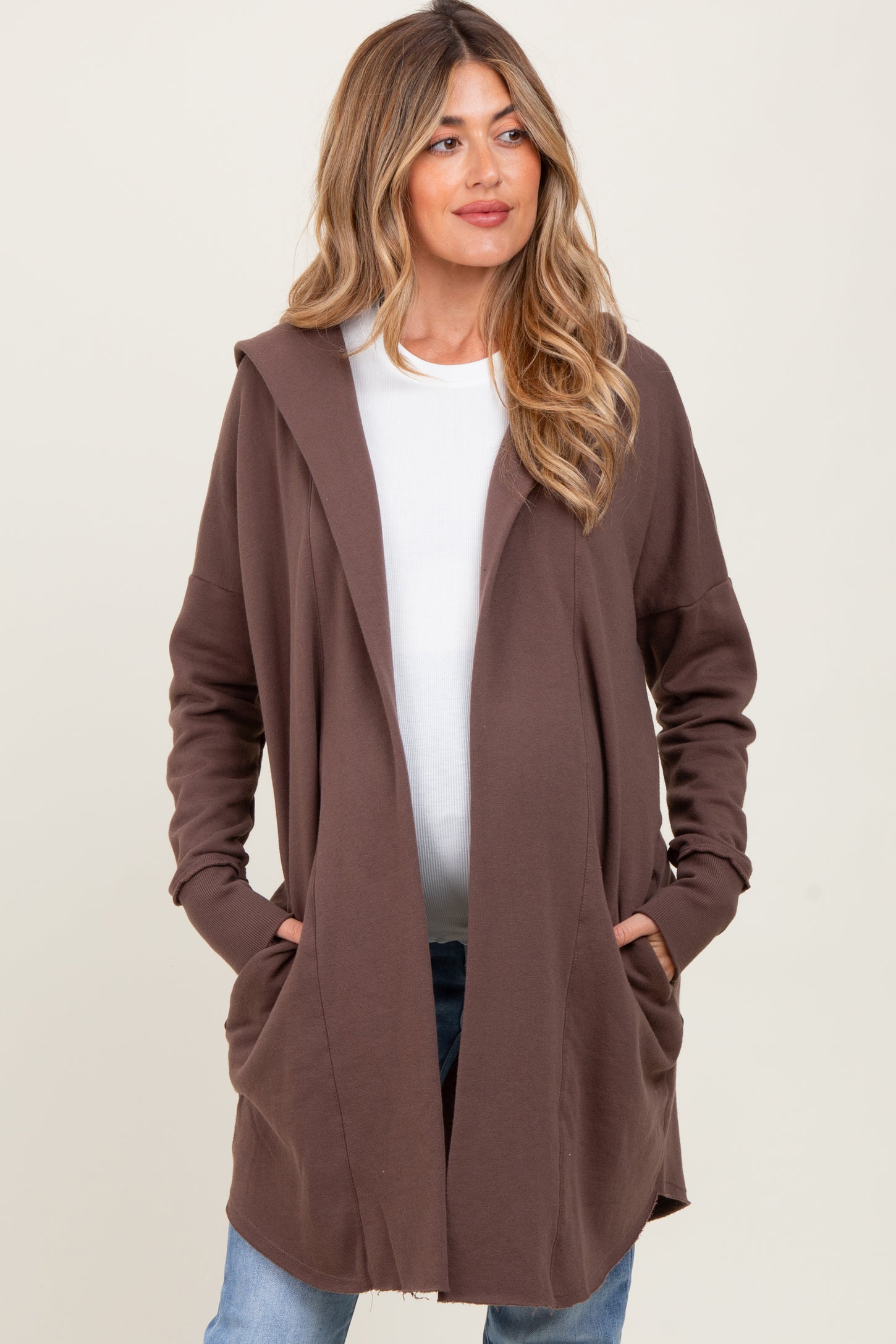 Mocha Hooded Long Maternity Cardigan