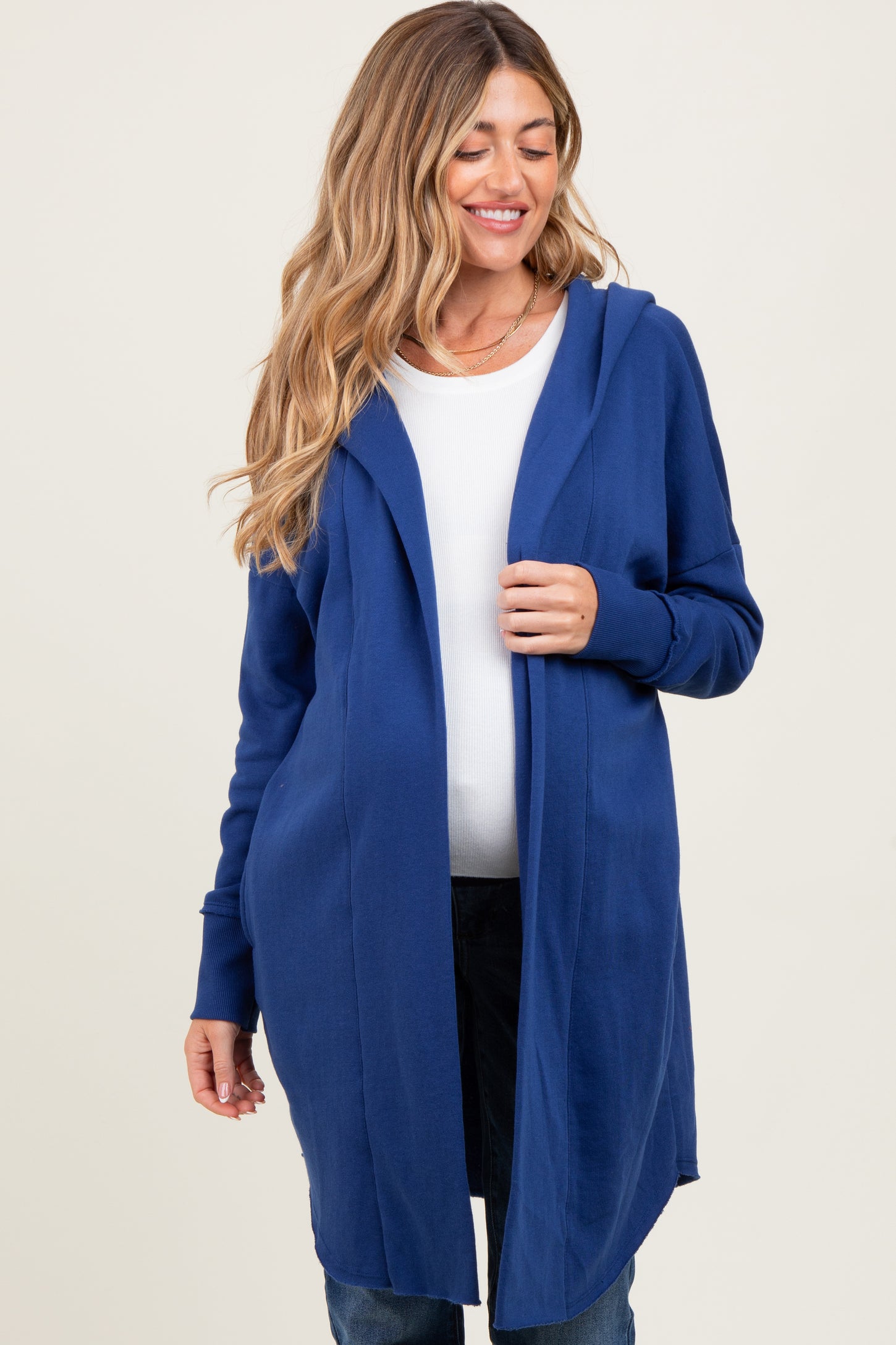Royal Blue Hooded Long Maternity Cardigan