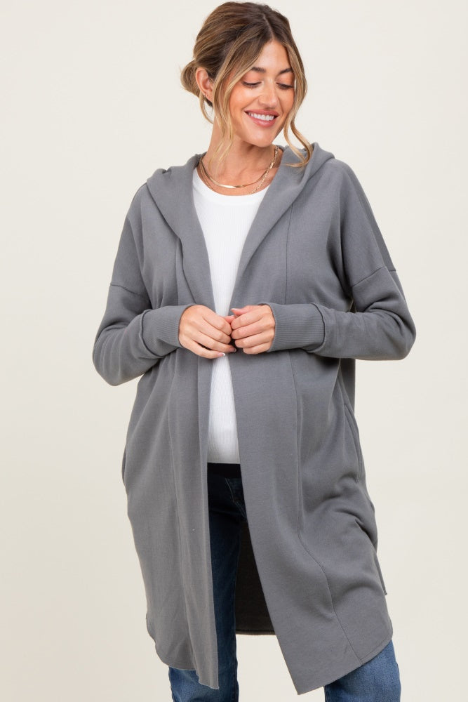 Grey Hooded Long Maternity Cardigan