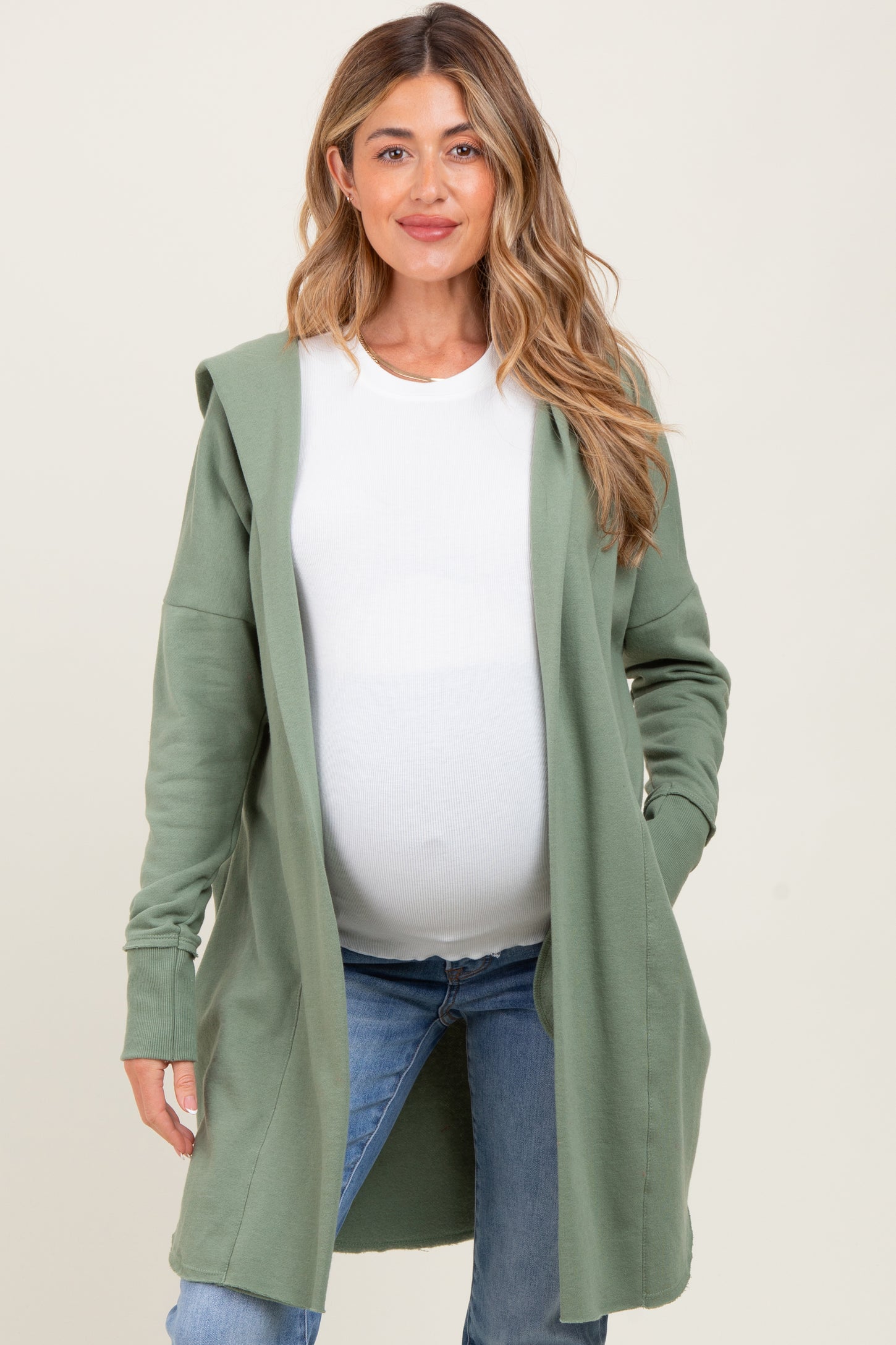 Light Olive Hooded Long Maternity Cardigan