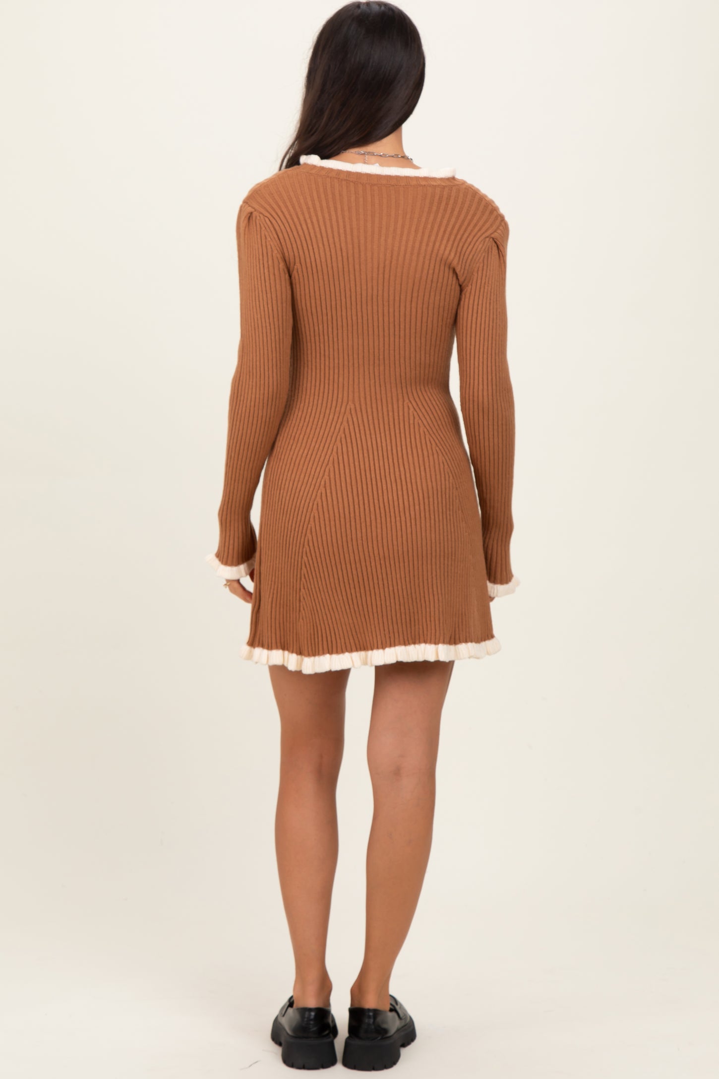 Camel Ribbed Knit Contrast Ruffle Trim Mini Dress