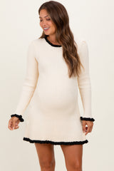 Ivory Ribbed Knit Contrast Ruffle Trim Maternity Mini Dress