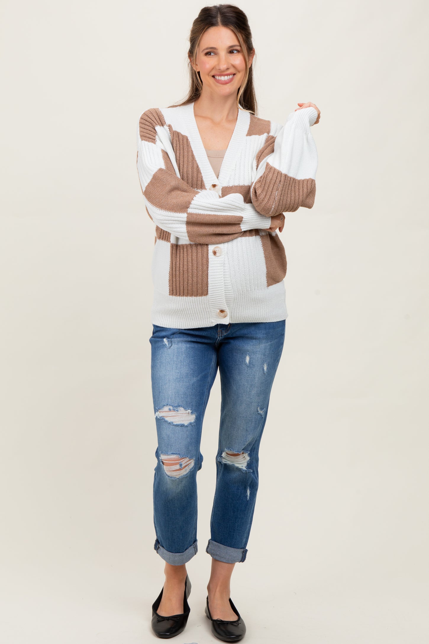 Mocha Checkered Rib Bubble Sleeve Button Maternity Cardigan