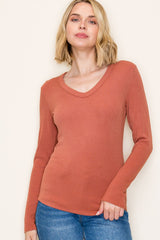 Rust Fine Rib V-Neck Long Sleeve Top