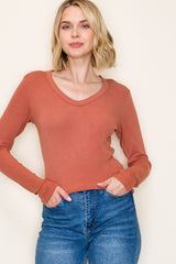 Rust Fine Rib V-Neck Long Sleeve Top