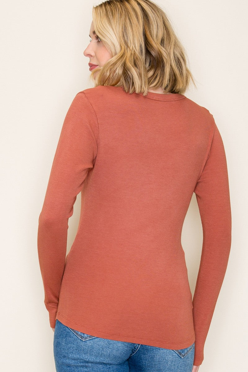 Rust Fine Rib V-Neck Long Sleeve Top