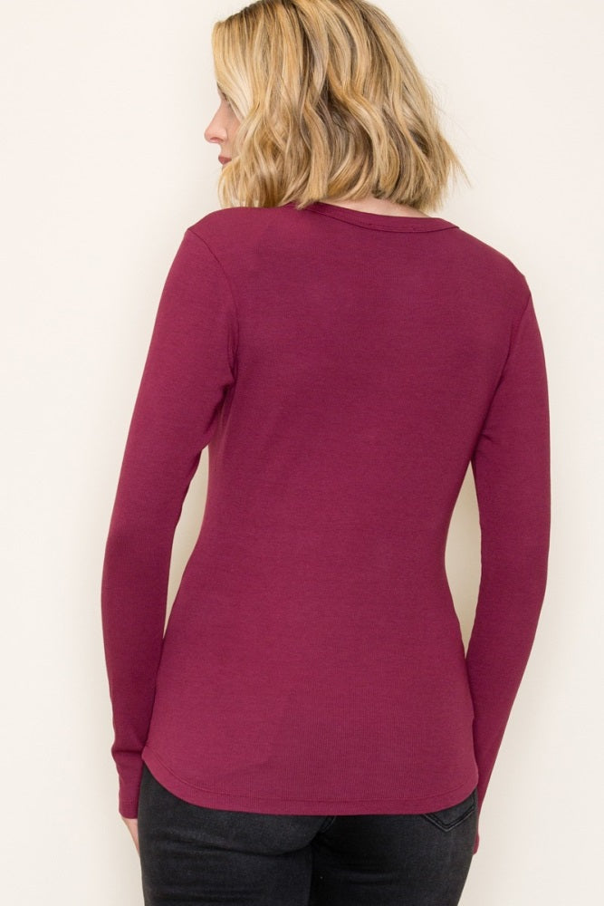 Burgundy Fine Rib V-Neck Long Sleeve Top