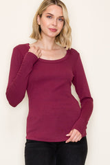 Burgundy Fine Rib Scoop Neck Maternity Long Sleeve Top