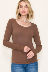 Mocha Fine Rib Scoop Neck Long Sleeve Top