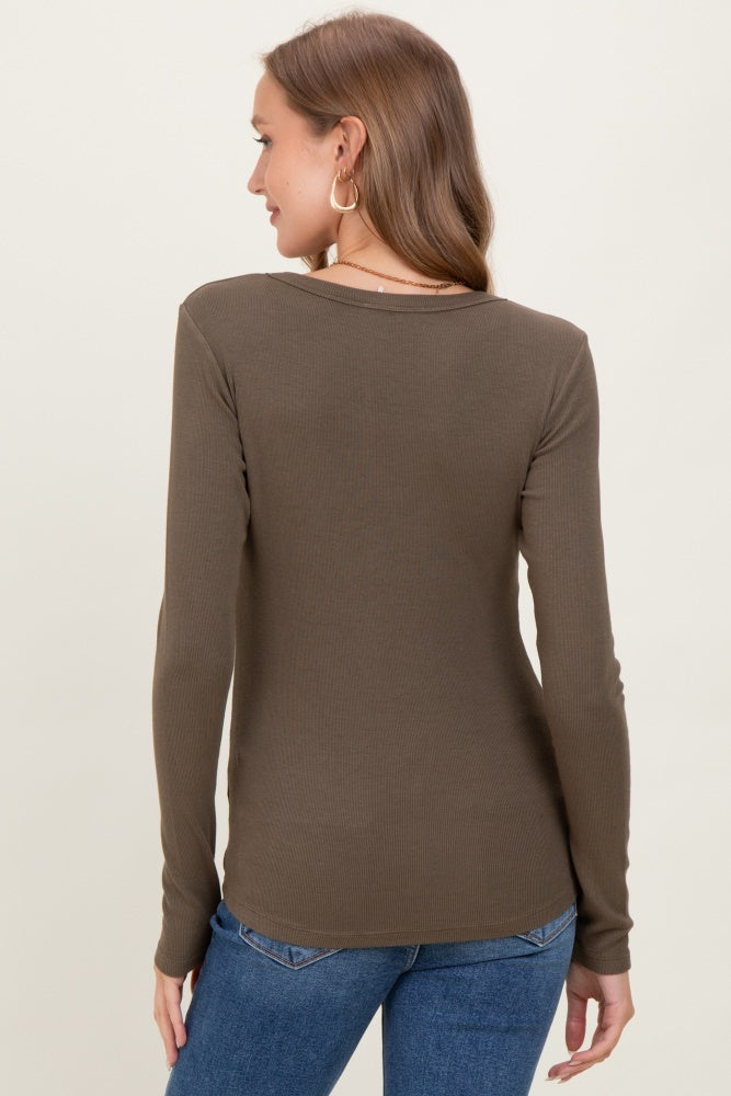 Olive Fine Rib Scoop Neck Maternity Long Sleeve Top