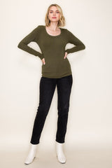 Olive Fine Rib Scoop Neck Long Sleeve Top