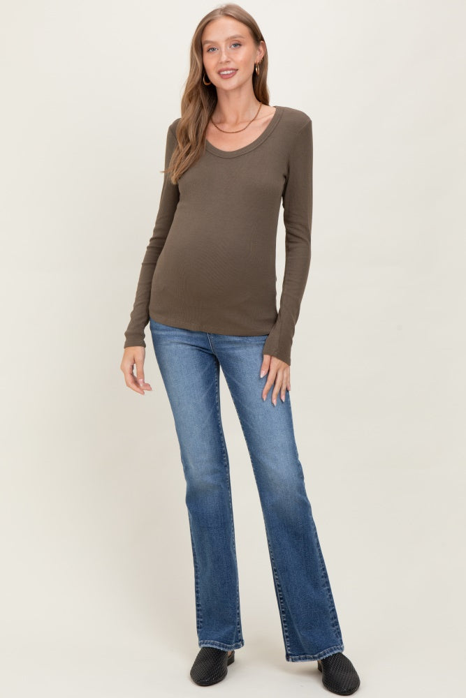 Olive Fine Rib Scoop Neck Maternity Long Sleeve Top