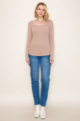 Beige Fine Rib Scoop Neck Long Sleeve Top