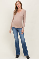 Beige Fine Rib Scoop Neck Maternity Long Sleeve Top