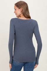 Dark Blue Fine Rib Scoop Neck Maternity Long Sleeve Top