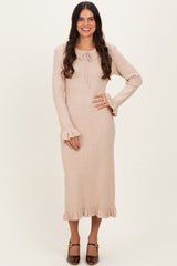 Beige Ribbed Knit Ruffle Trim Maternity Midi Sweater Dress