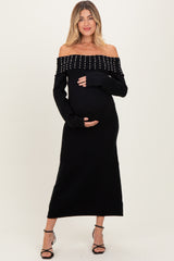 Black Faux Pearl Detail Off Shoulder Maternity Sweater Dress