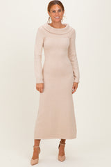 Beige Faux Pearl Detail Off Shoulder Maternity Sweater Dress