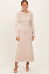 Beige Faux Pearl Detail Off Shoulder Maternity Sweater Dress