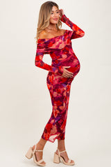Red Floral Mesh Off Shoulder Long Sleeve Maternity Maxi Dress