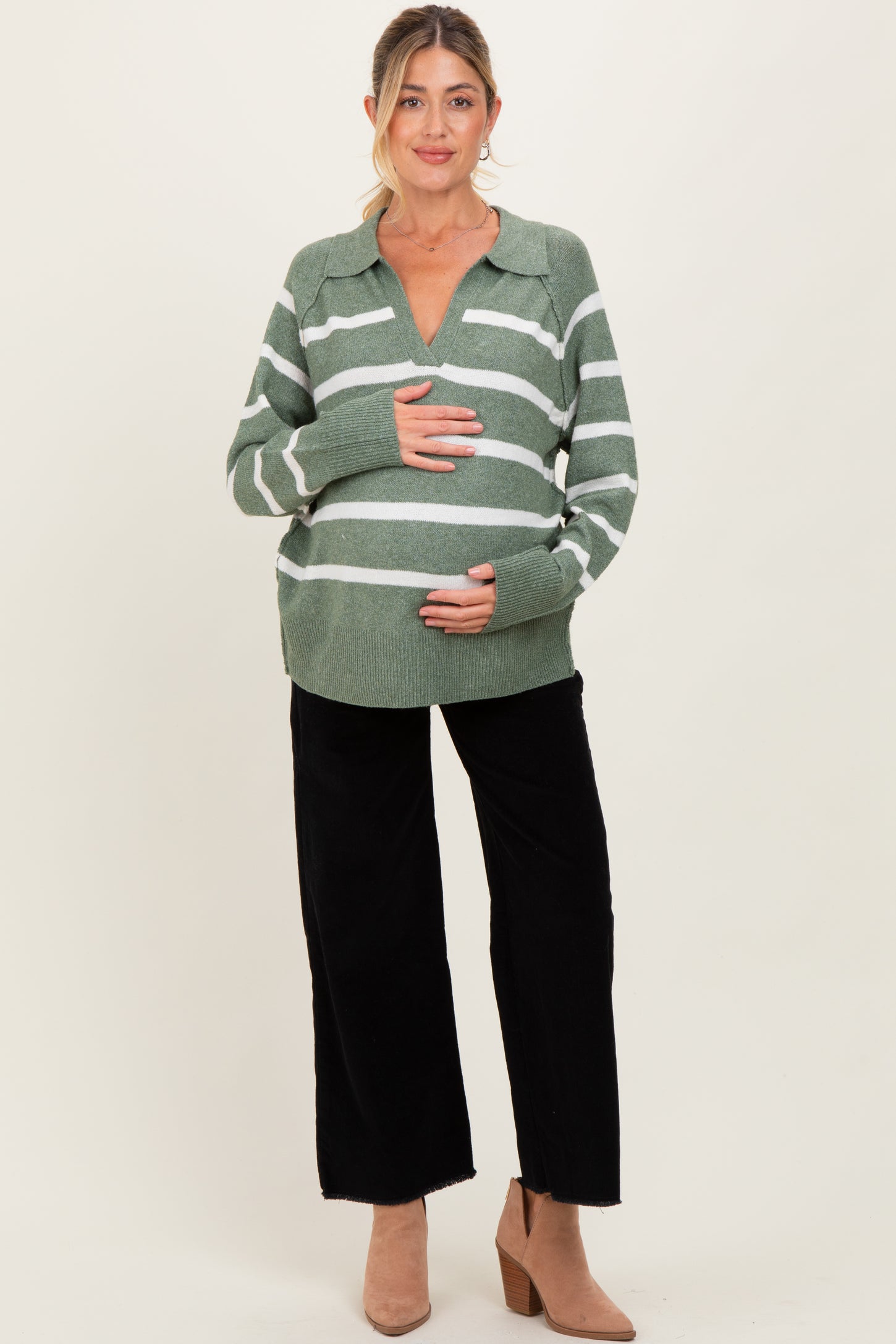 Light Olive Striped Oversized Polo Maternity Sweater