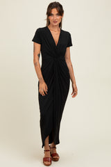 Black Gathered Front Short Sleeve Maxi Dress