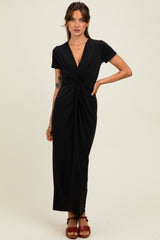 Black Gathered Front Short Sleeve Maxi Dress