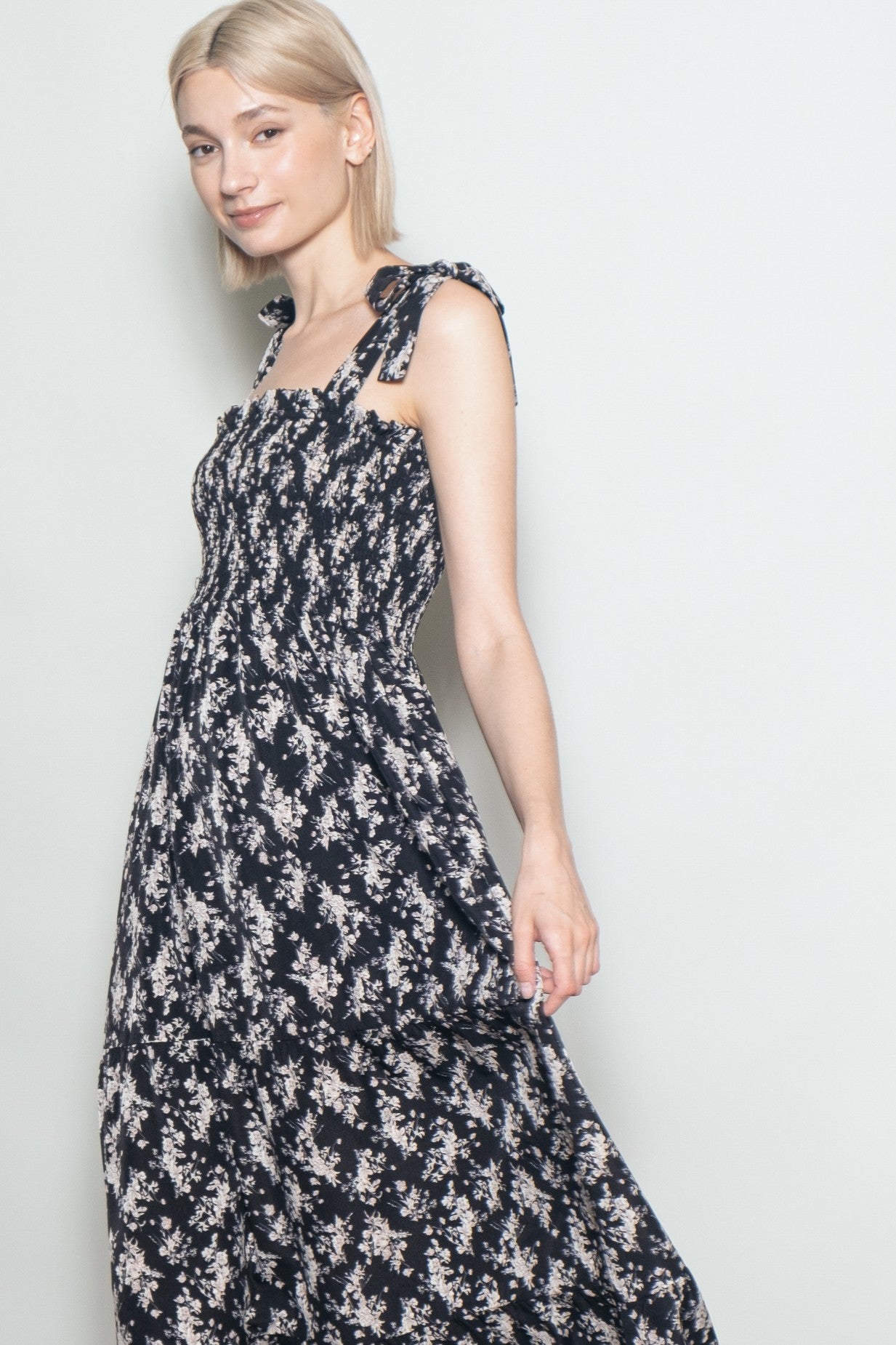 Black Floral Shoulder Tie Maxi Dress