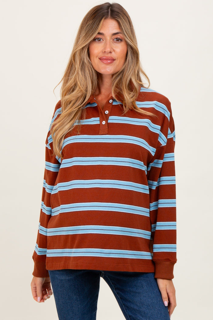 Brown Striped Oversized Long Sleeve Maternity Polo Top